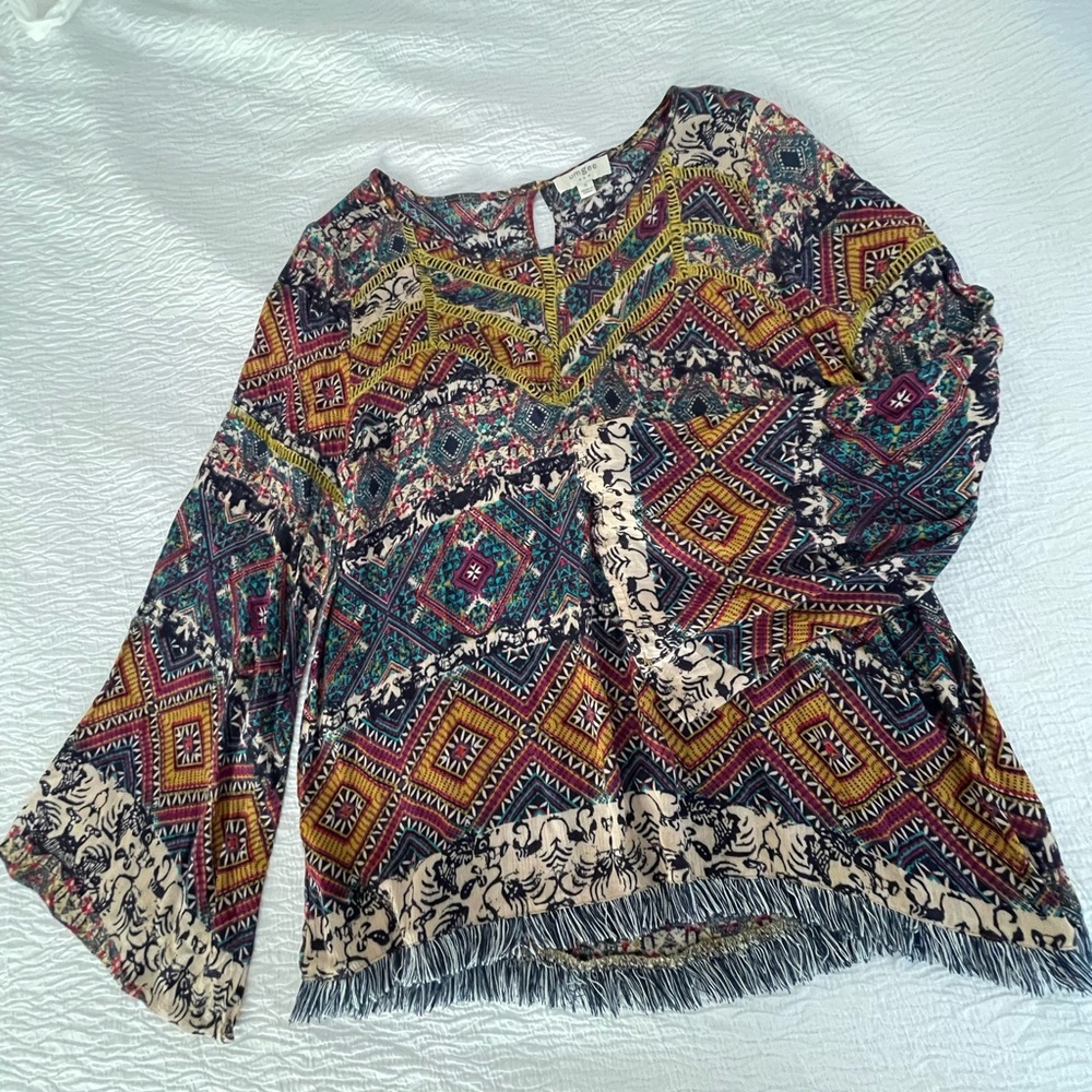Umgee USA Boho Multicolor Fringe Hem Blouse | Size S